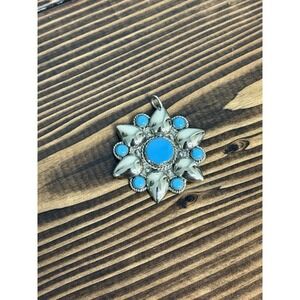 Vintage Bell Nickel Silver Faux Turquoise Flower Medallion Pendant Southwest